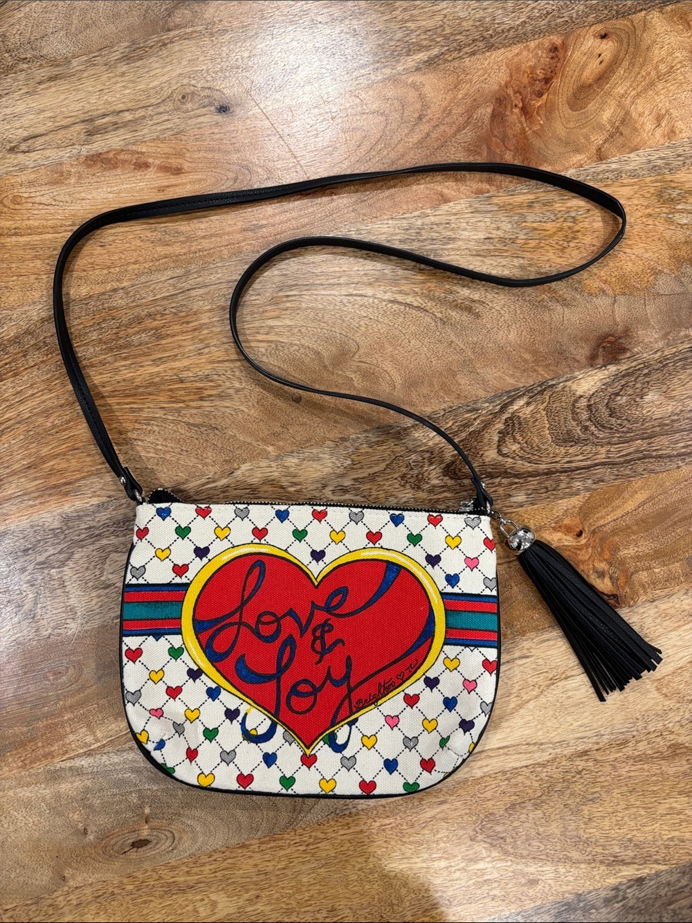 Brighton White Multicolor Heart Pattern Crossbody Bag with Black Strap